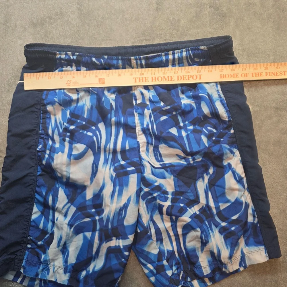 Nike Swim Shorts Mens M Blue Geometric Print Mesh Liner Zip Pocket Elastic Waist